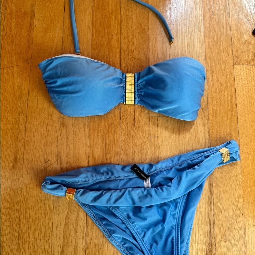 Gold-Accent Sky Blue Bandeau Bikini Set - Picture 2 of 6